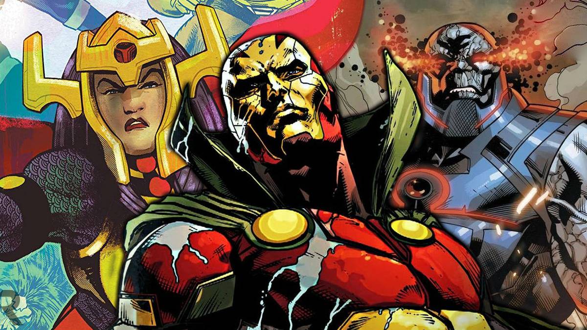 Comic book art: Mister Miracles stands between Big Barda and Darkseid.