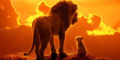 Simba and Mufasa sit on a cliff in The Lion King (2019)