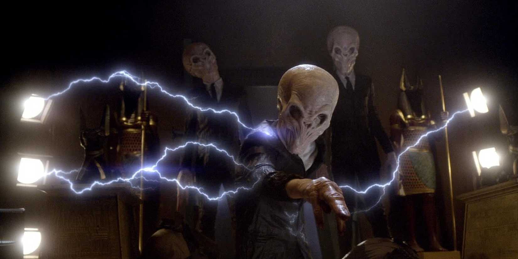 Three Silence creatures surrounded by electricity in Doctor Who.