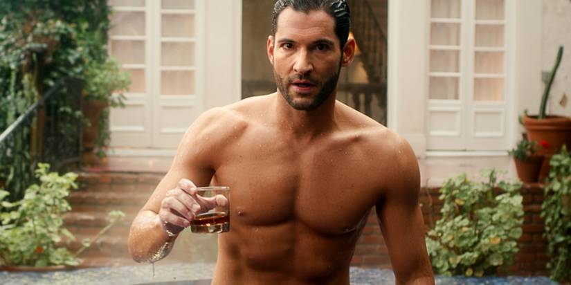 Tom Ellis as a shirtless Lucifer
