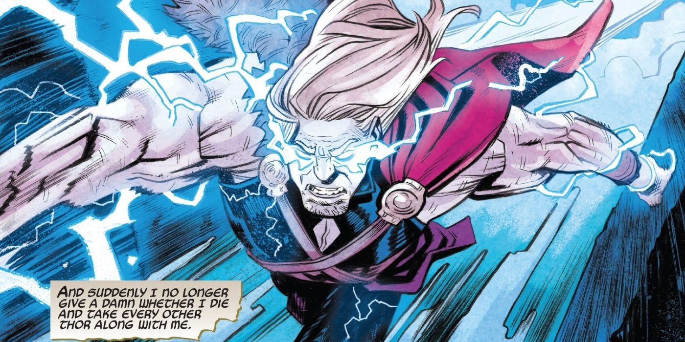 The Mighty Thor flies through the air surrounded by lightning in the pages of Marvel Comics