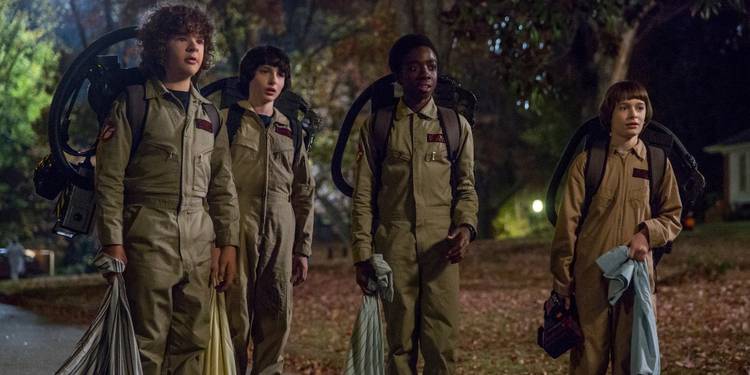 Dustin, Mike, Lucas and Will dress as the Ghostbusters in Stranger Things