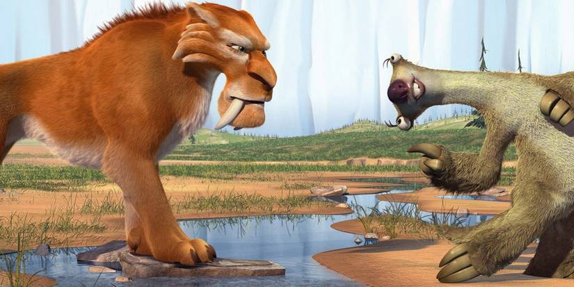 Diego eyes Sid angrily while Sid walks away pointing in Ice Age