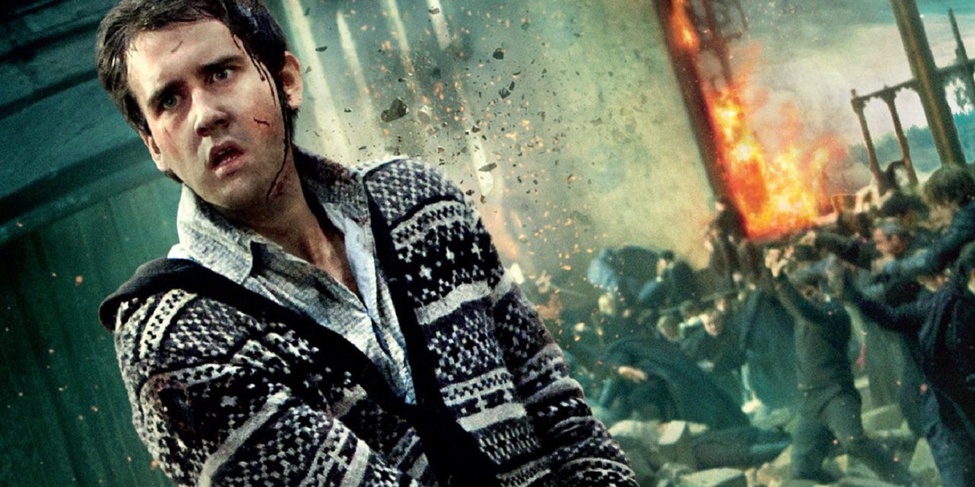 Matthew Lewis como Neville Longbottom parecendo heróico em Harry Potter e as Relíquias da Morte - Parte 2