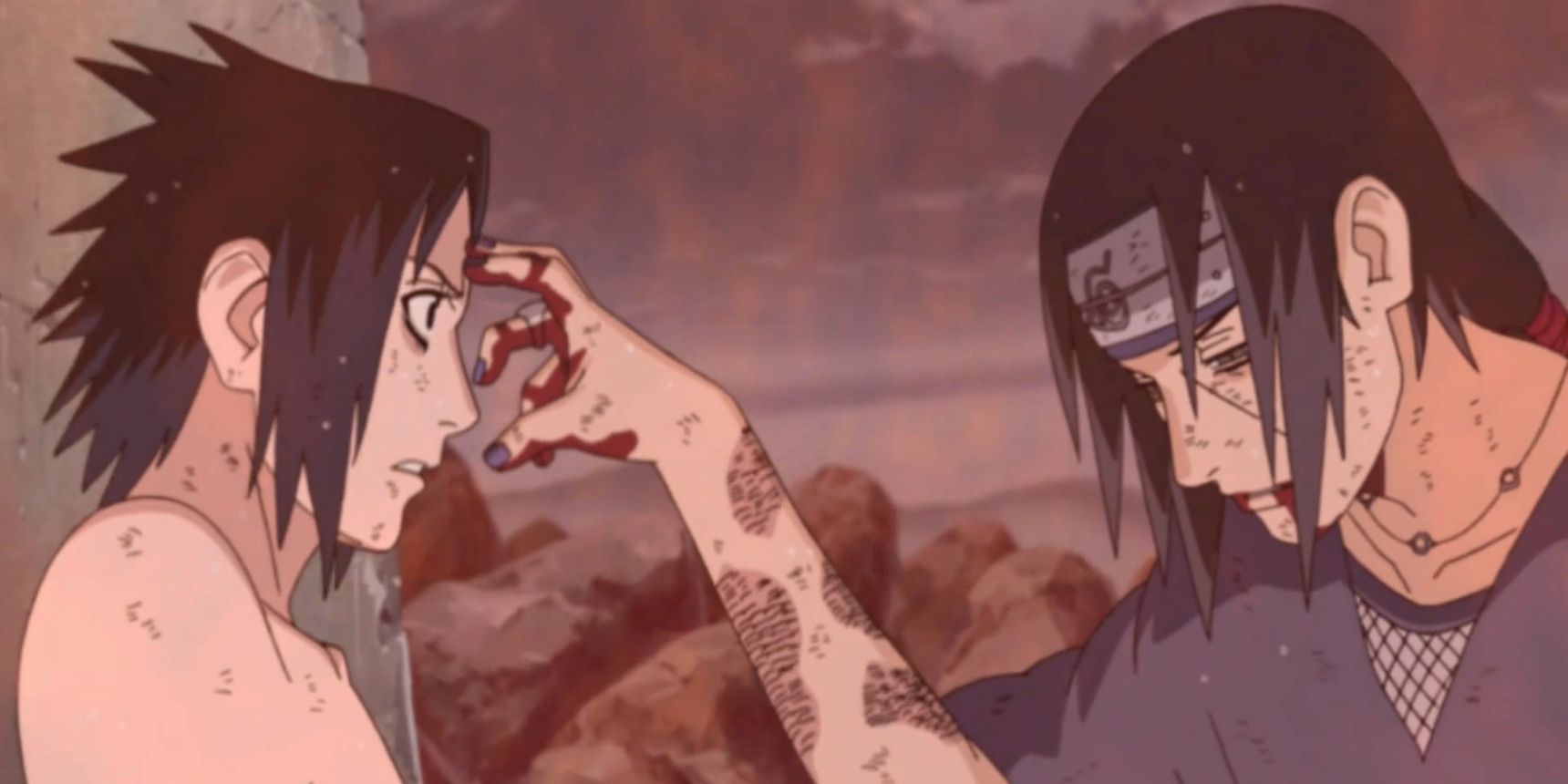 Um Itachi espancado cutuca a testa de Sasuke em Naruto Shippuden The End Episódio 138