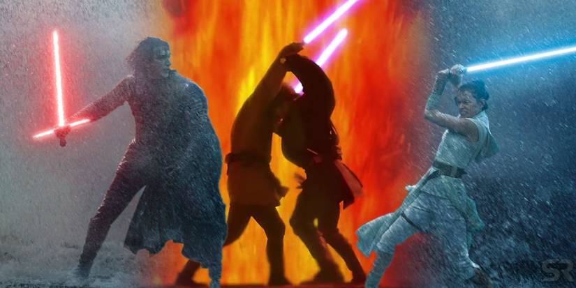 Rey and Kylo Ren in Star Wars The Rise of Skywalker with Obi-Wan and Anakin Revenge of the Sith Duel