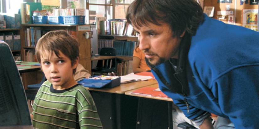 Richard Linklater standing next to Ellar Coltrane, directing Boyhood