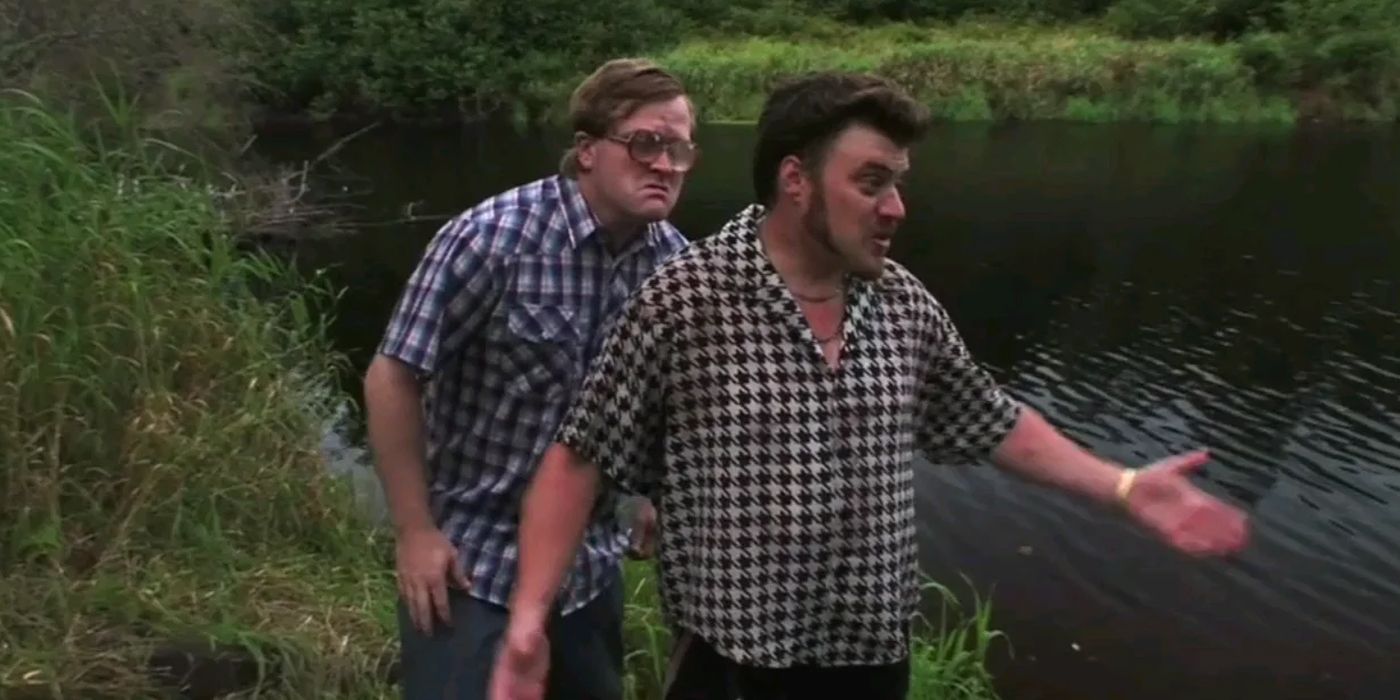 Ricky and Bubbles standing by a lake in Trailer Park Boys