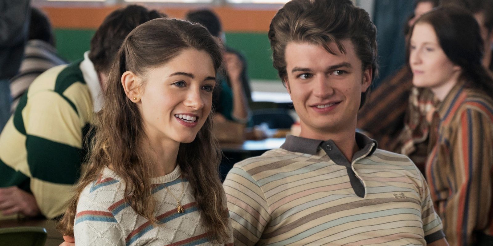 Nancy and Steve smiling together on Stranger Things