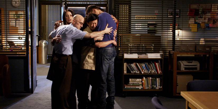 The study group hugging in the Community series finale