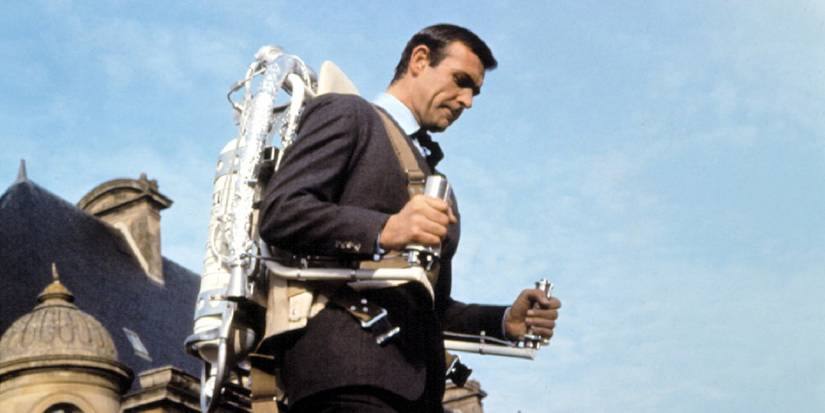 Sean Connery as James Bond flies on his jetpack from Thunderball