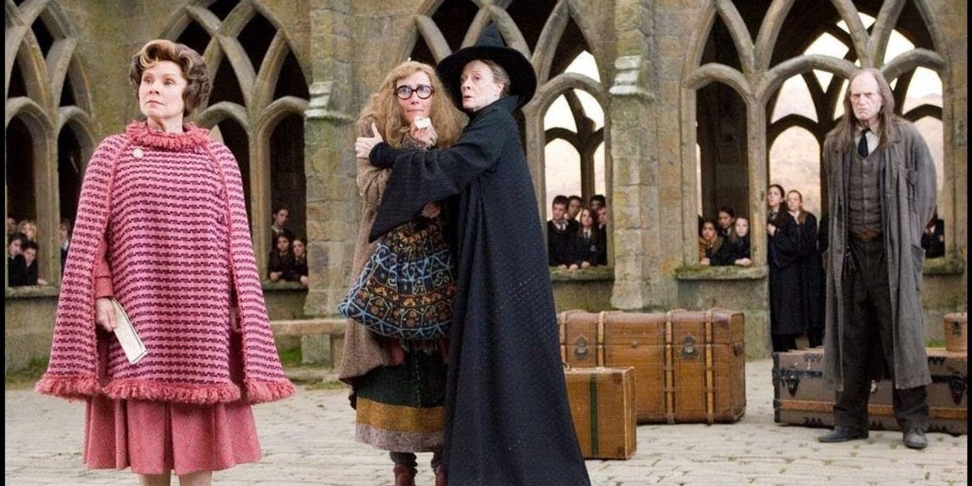 McGonagall comforting Professor Trelawney when Umbridge tries to expell her from Hogwarts while Filch stands with her luggage in Harry Potter and the Half Blood Prince