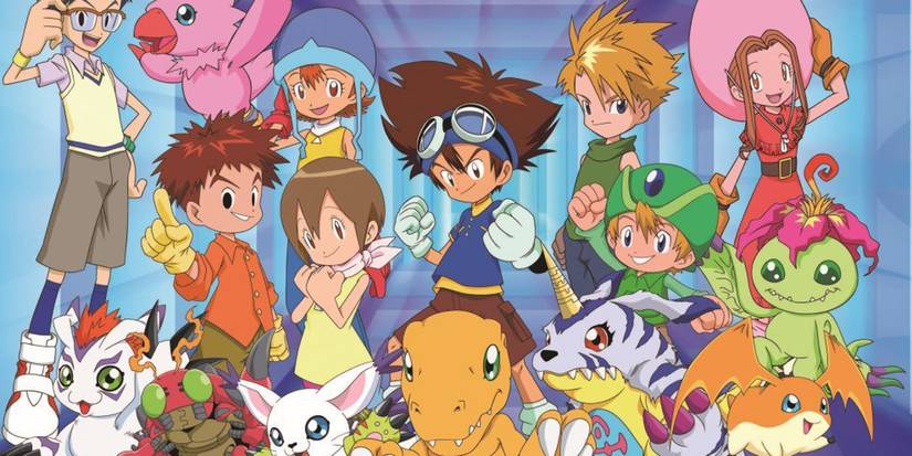 Digimon Adventure's Digi-Destined standing in a group pose alongside their digimon.