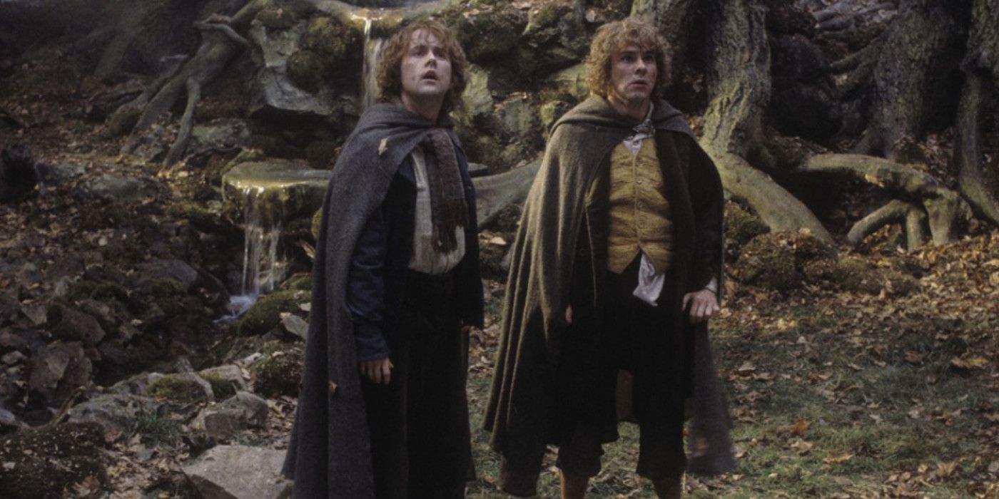 Merry and Pippin stand in Fangorn Forest in The Lord of the Rings: The Two Towers.