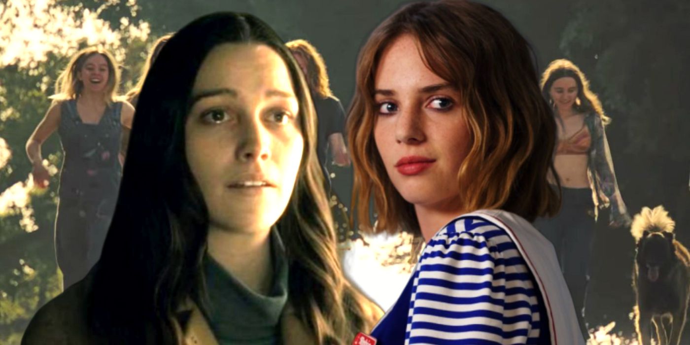 Крупный план Виктории Педретти и Мэй Хоукс с семьей Мэнсона из "Однажды в Голливуде" на заднем плане