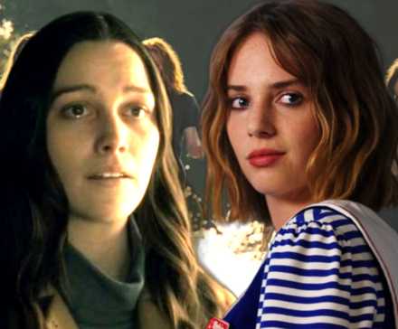 Крупный план Виктории Педретти и Мэй Хоукс с семьей Мэнсона из "Однажды в Голливуде" на заднем плане