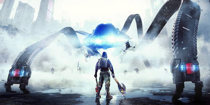 Персонаж из The Surge 2 держит оружие, стоя лицом к огромному наноиту.