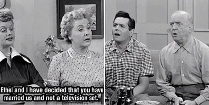 Lucy and Ethel talking to Ricky and Fred.