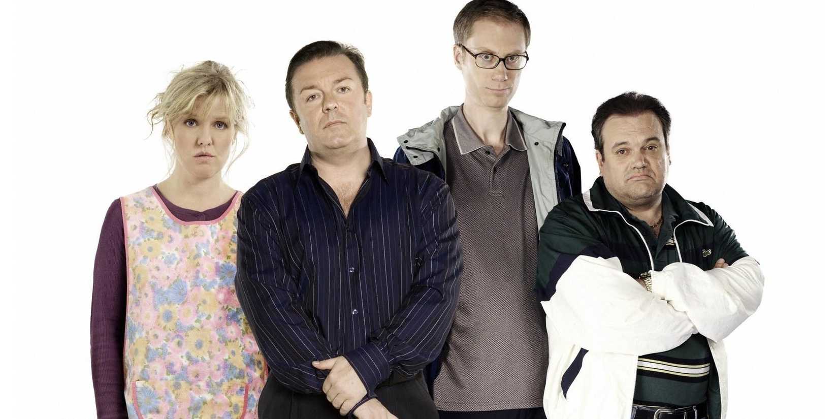 Ashley Jenson, Ricky Gervais, Stephen Merchant and Shaun Williamson posing in Extras