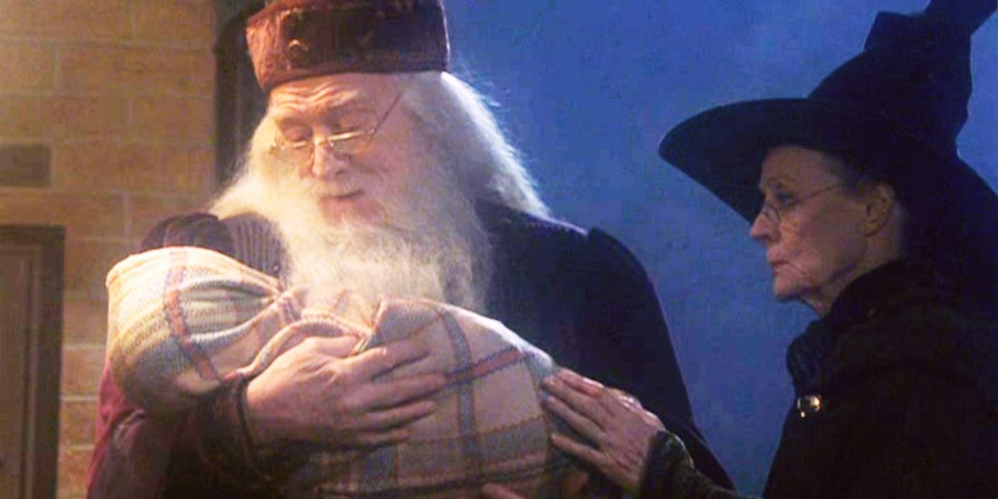 Albus Dumbledore and Minerva McGonagall hold an infant Harry Potter in Harry Potter and the Sorcerer's Stone