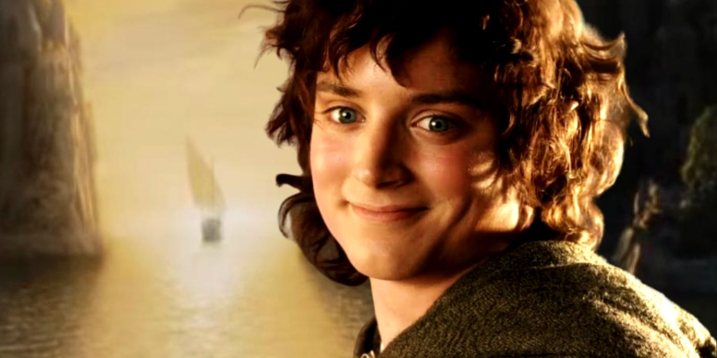 Frodo smiling with the ships sailing to the Undying Lands in the background from the Lord of the Rings. 