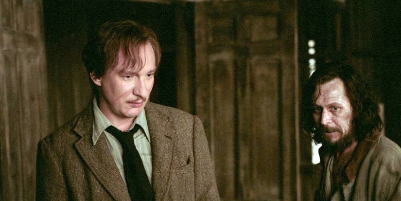 Remus Lupin glances behind toward Sirius Black