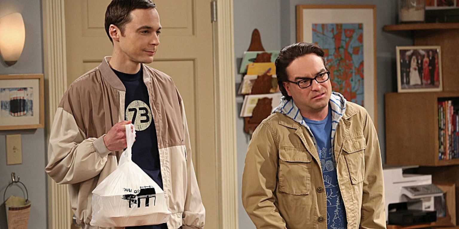 Sheldon and Leonard with take out food in The Big Bang Theory