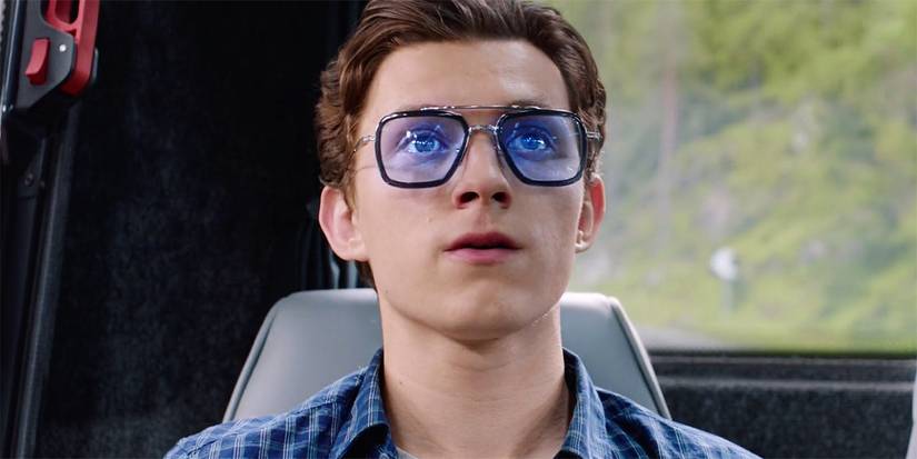 Spider-Man Far From Home Peter wearing the Edith glasses on a coach