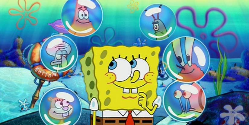 SpongeBob Squarepants standing in the middle of bubbles with his friends faces in them