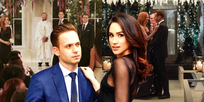 Mike and Rachel posing with an image of the wedding finale in Suits.