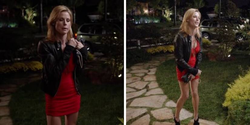 claire dunphy red dress LAgence Double slit tank dress worn by Claire Dunphy (Julie Bowen) in Modern  Family (S05E16) (S05E16)