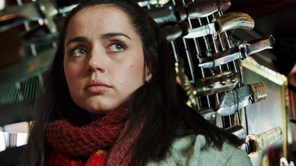 Collage of Marta in front of a bunch of knives in Knives Out