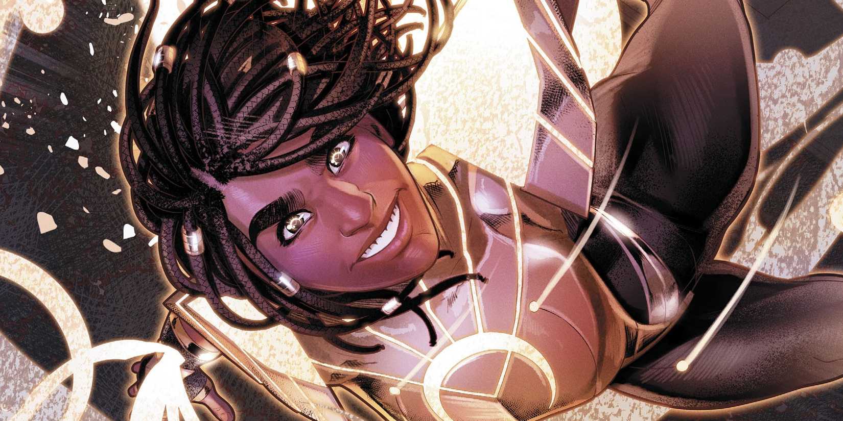 Naomi McDuffie from DC comics surrounded by gold light