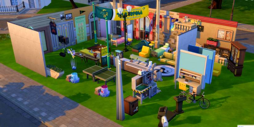 Furniture in the Sims 4 University Life on a lawn on display. 