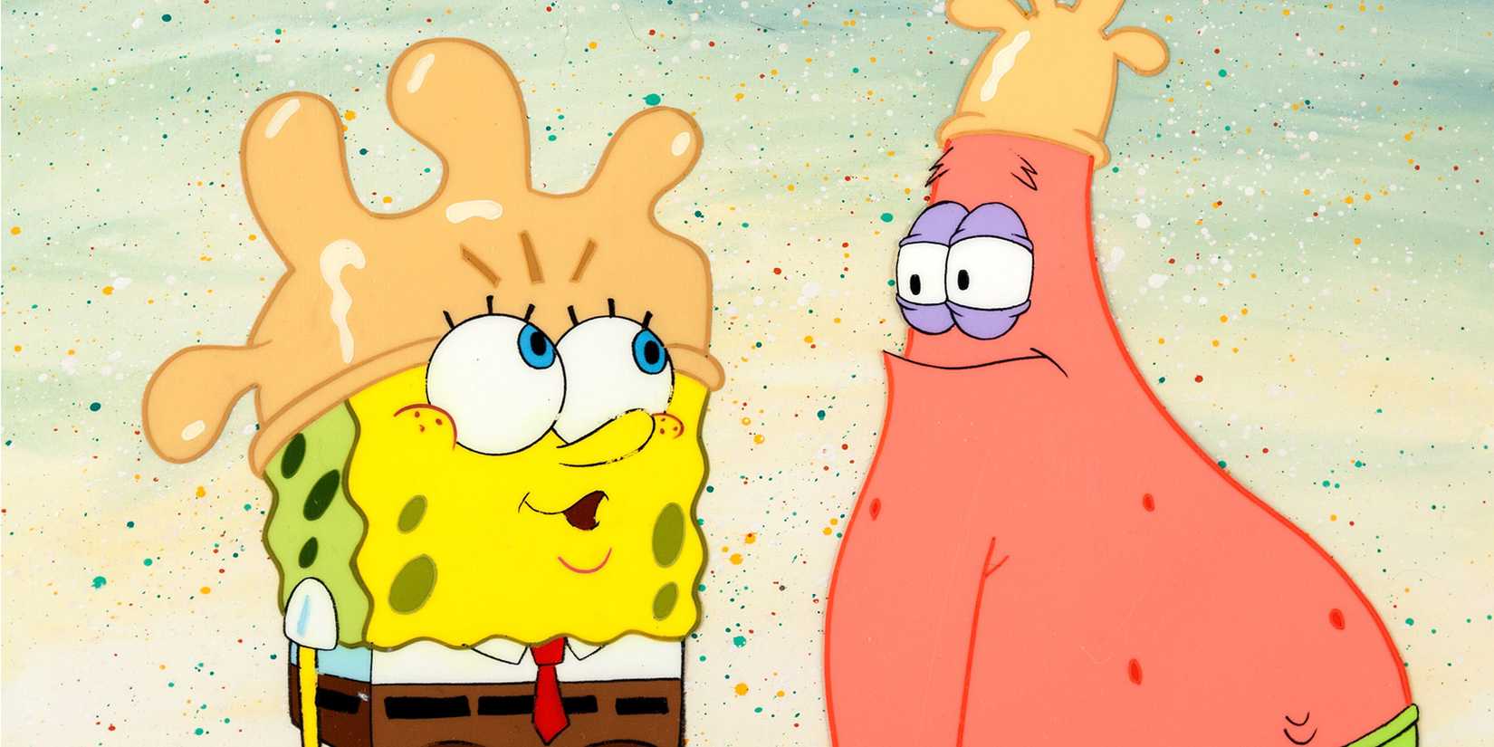 SpongeBob SquarePants and Patrick Star wearing rubber gloves as hats.