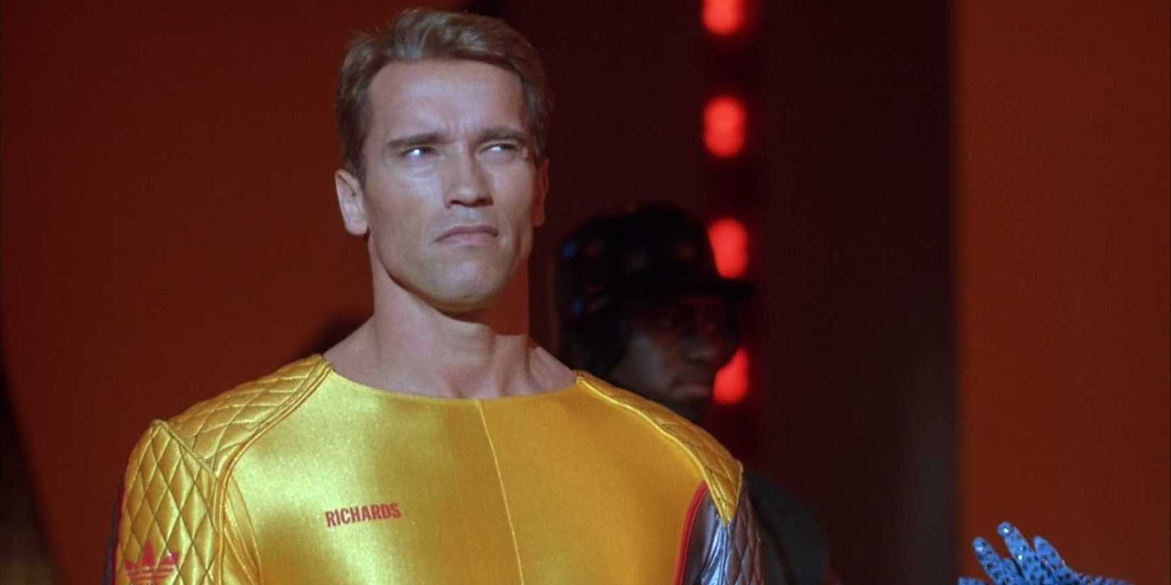 Arnold Schwarzenegger looking suspicious as as Ben Richards in The Running Man (1987)