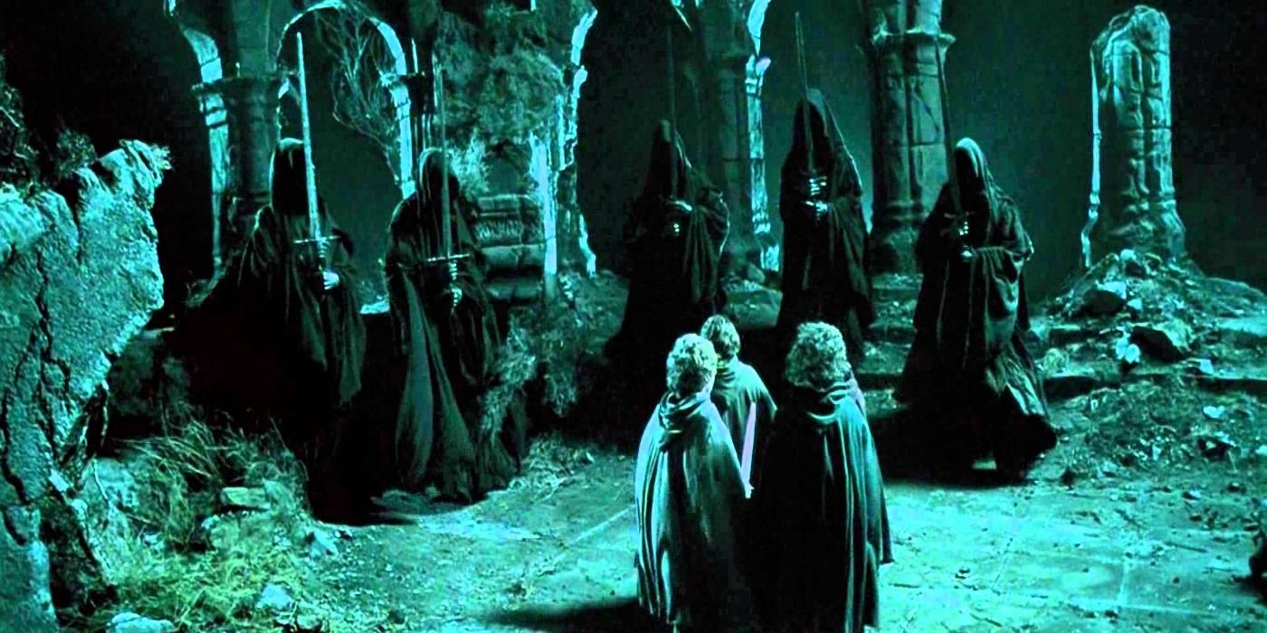 Ringwraiths surrounding the Hobbits in The Lord of the Rings