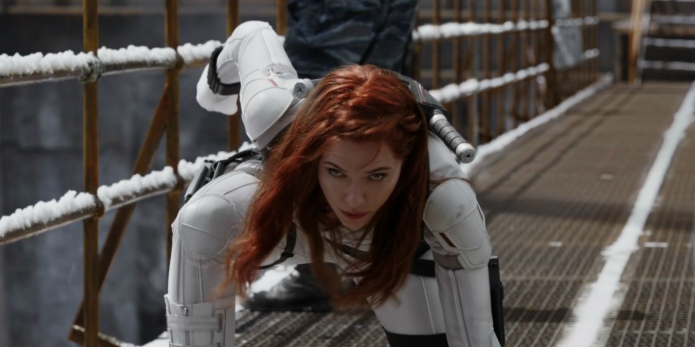 Black Widow in her White Costume and superhero pose