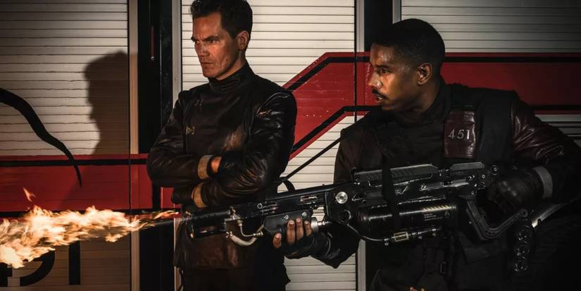 Michael Shannon watching Michael B. Jordan burn books in Fahrenheit 451