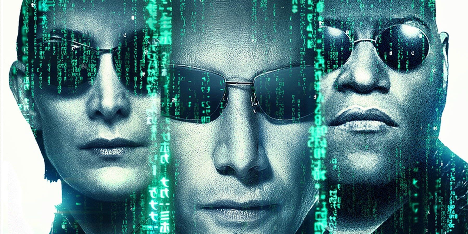 Trinity, Neo, and Morpheus of The Matrix Trilogy with code over them