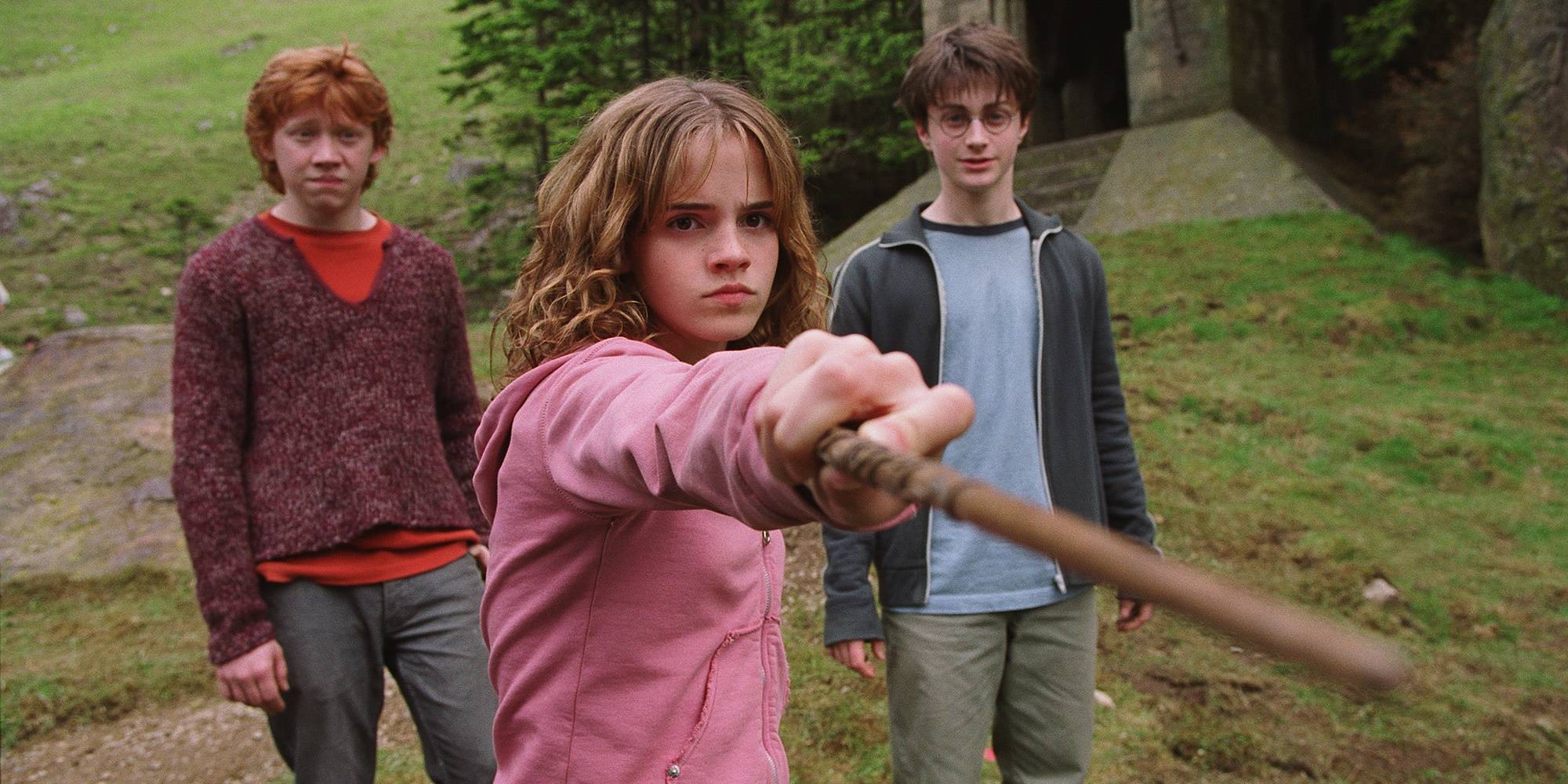 Hermione punta la bacchetta contro Malfoy mentre Harry e Ron guardano