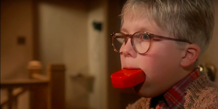 ralphie com sabão na boca em uma história de natal
