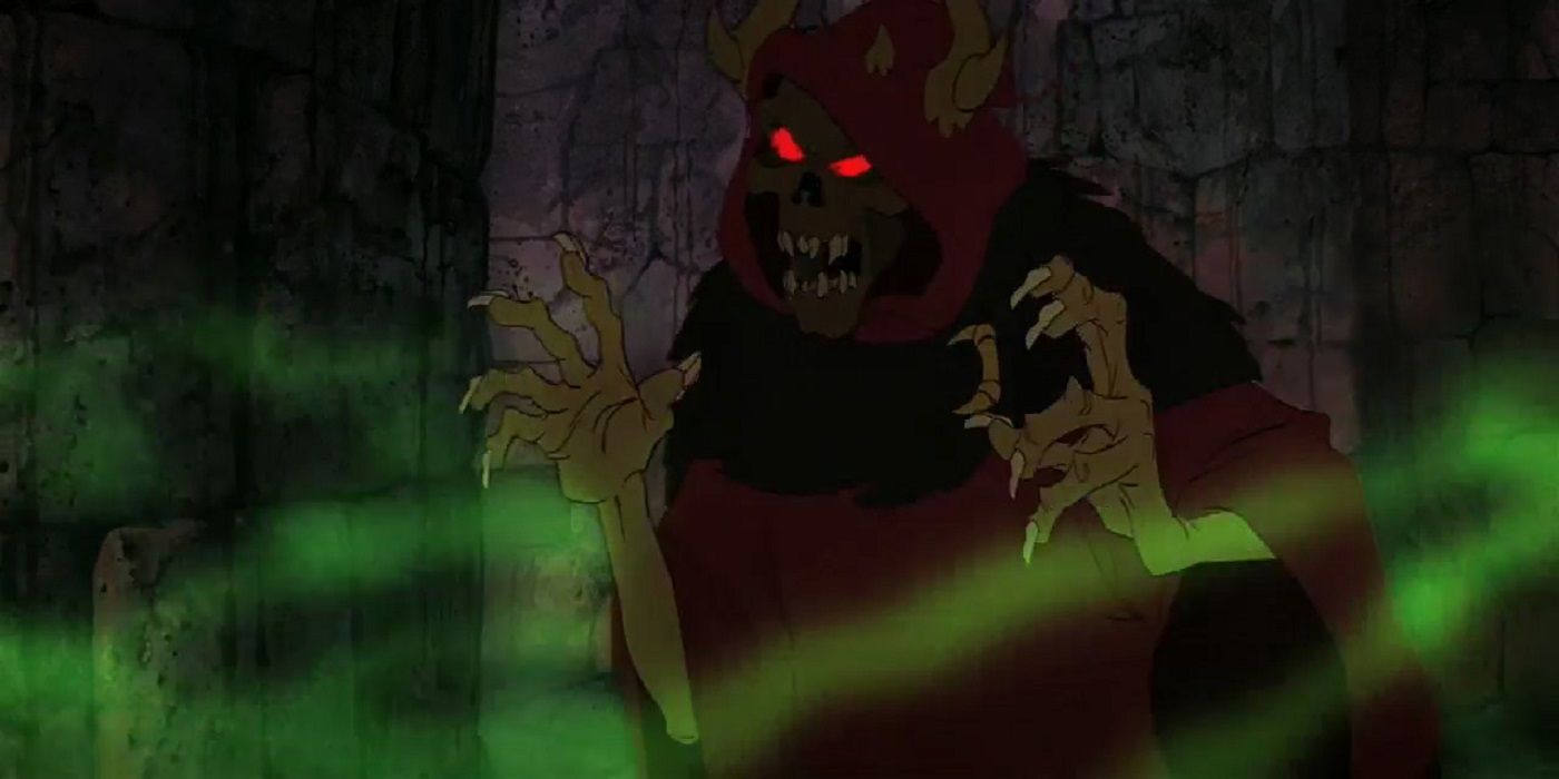 The horned King surrounded by green smoke in The Black Cauldron