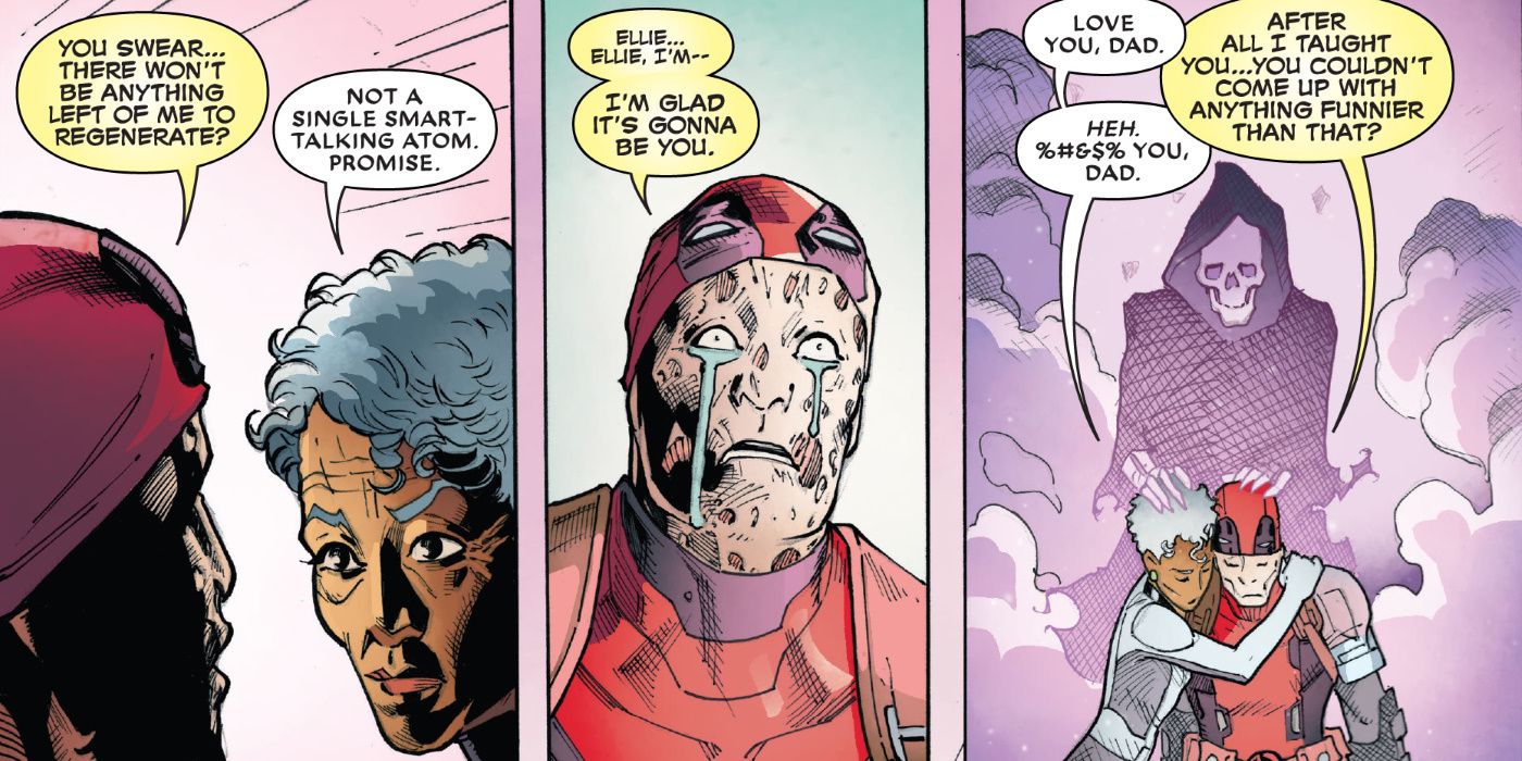 Comic book panels: Deadpool cries as he talks with an elderly version of his daughter, Ellie Wilson.