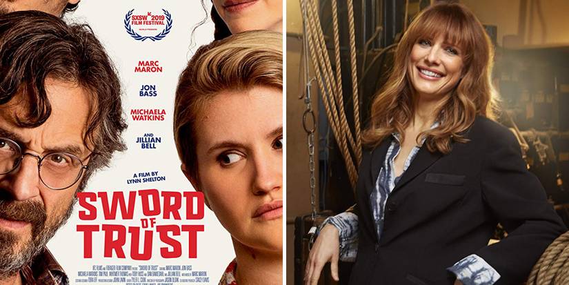 Lynn Shelton and the poster of her final film Sword of Trust