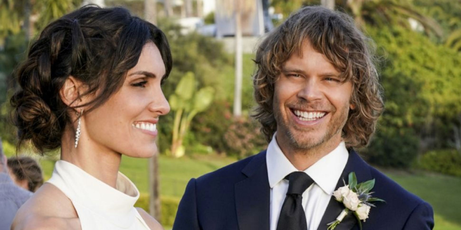 Deeks (Eric Christian Olsen) and Kensi (Daniela Ruah) smiling at their wedding in NCIS LA Till Death Do Us Part S10E17