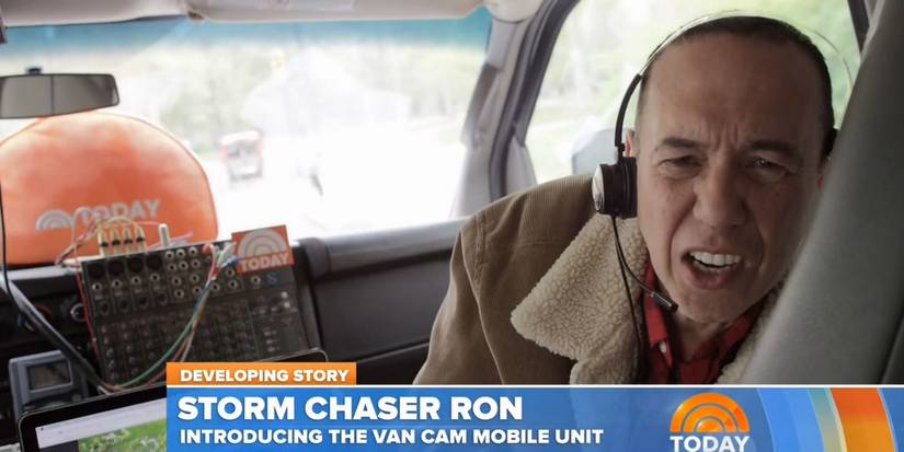 Gilbert Gottfried wearing a headset in a car in Sharknado