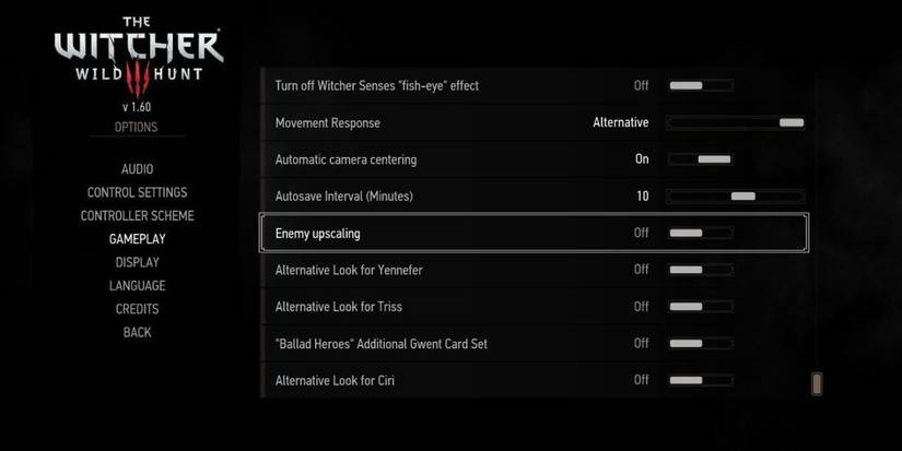 The Witcher 3 Menu Screen with "Alternative Looks" options in the center of the frame