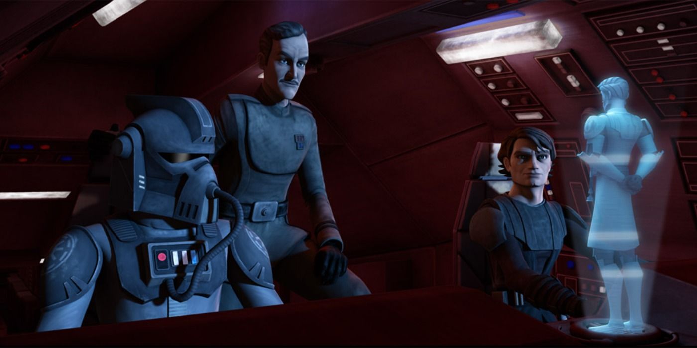 Commander Blackout Anakin Skywalker and Wulf Yularen talk to Obi Wan via hologram about delivering resources to Christophsis in The Clone Wars