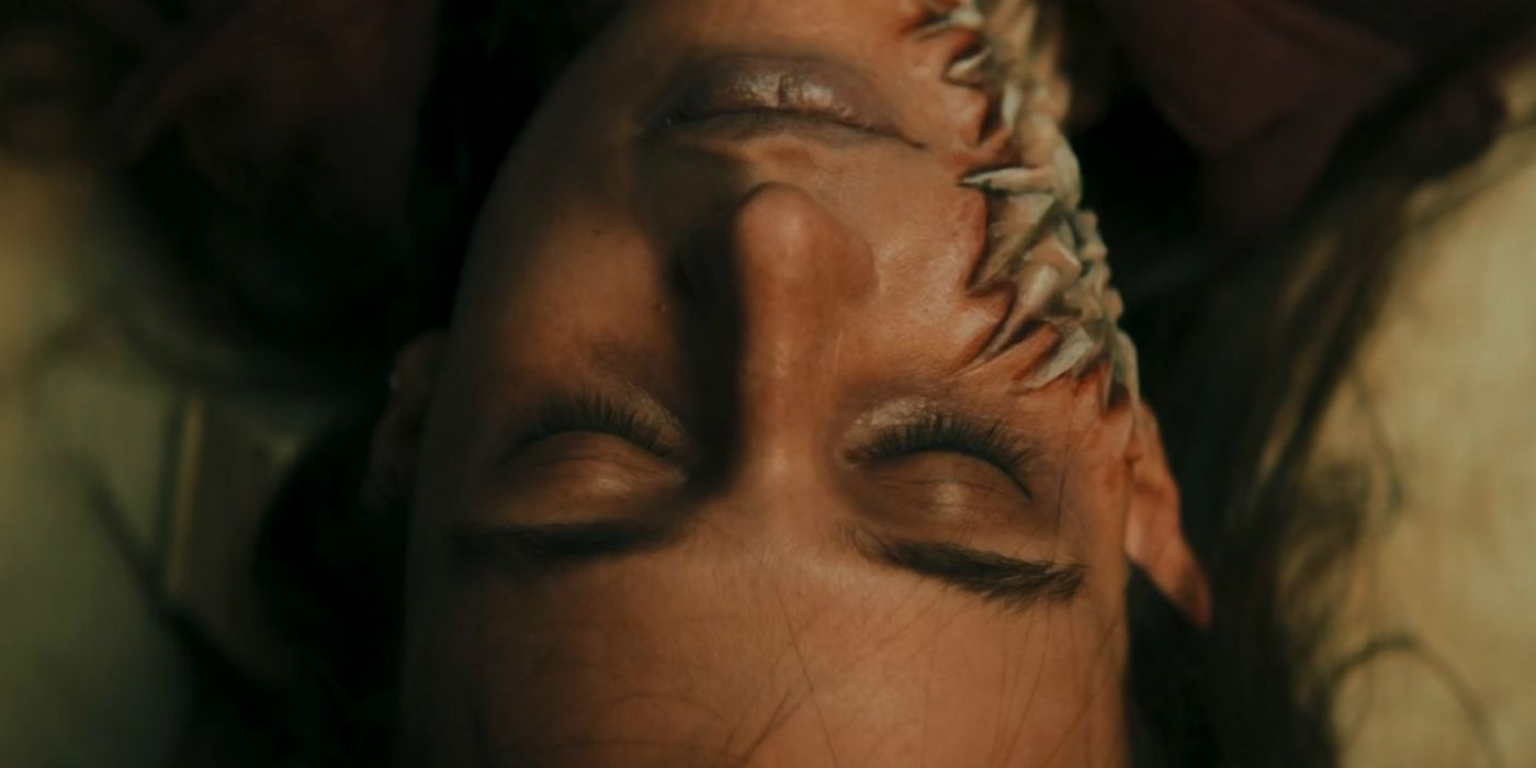 The scaled face of a Praxeus victim in Doctor Who.